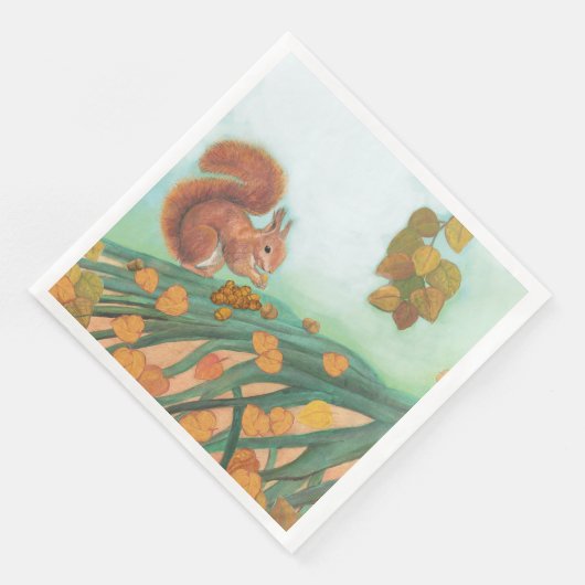 Red Squirrel Eating Hazelnut Illustration Serviette (Ecke)