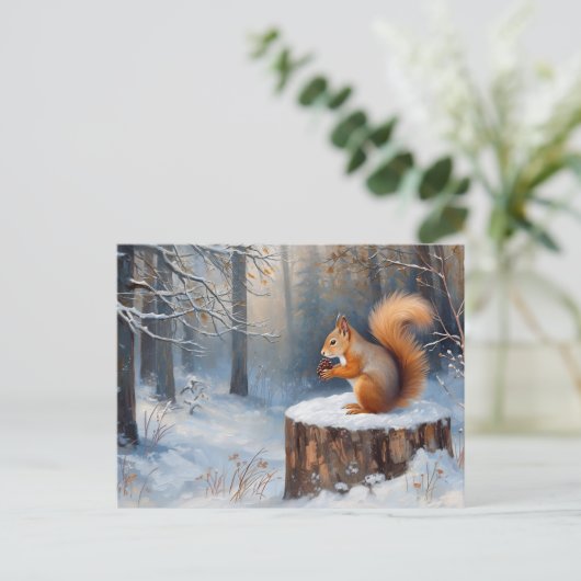 Red Squirrel in the Winter Snow Forest Postkarte (Stehend Vorderseite)