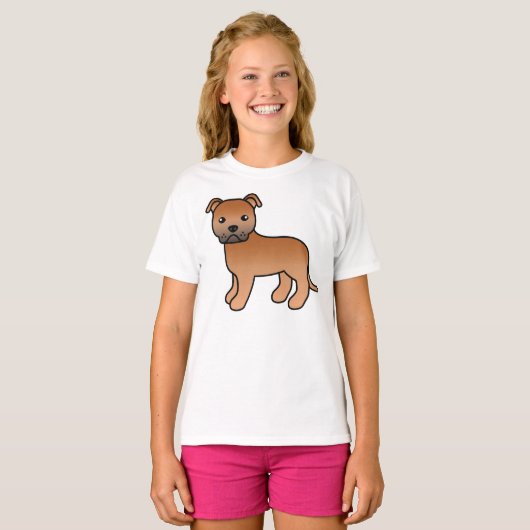 Red Staffordshire Bull Terrier Cartoon Dog T-Shirt (Vorne ganz)