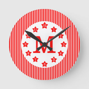 Red Star Pinstripe Frame Monogrammed Round Clock Runde Wanduhr