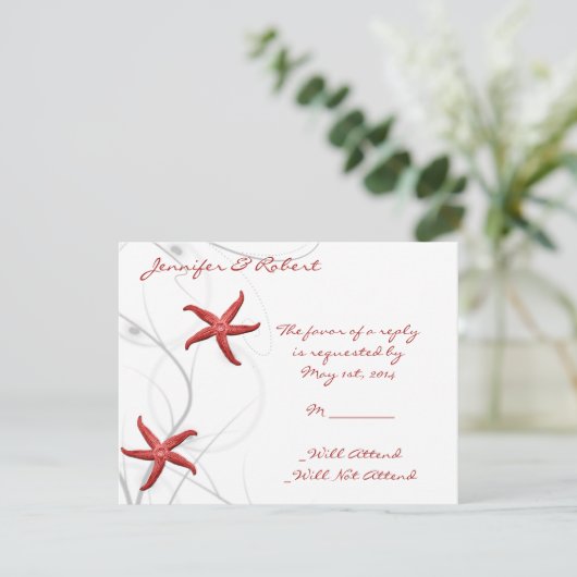 Red Starfish and Silver Coral Response Card RSVP Karte (Stehend Vorderseite)