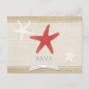 Red Starfish Burlap Beach Wedding UAWG Einladungspostkarte