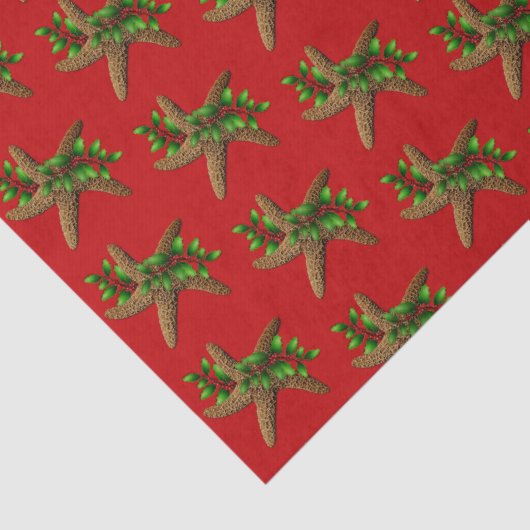 Red Starfish in Holly Pattern Weihnachten Seidenpapier (Detail)
