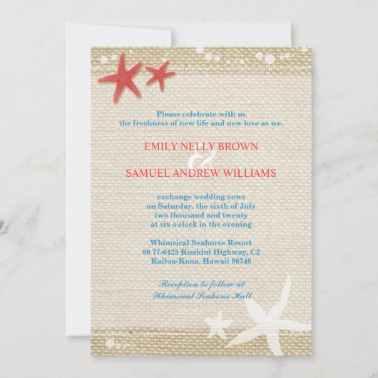 Red Starfish Rustic Beach Hochzeit Einladung (Rückseite)