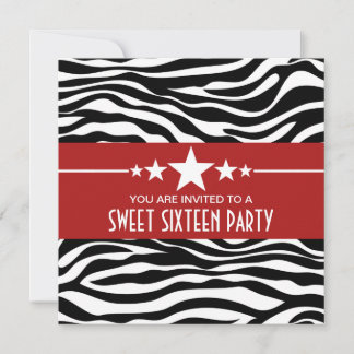 Red Stars Zebra Print Sweet 16 Einladung
