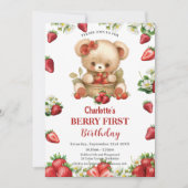 Red Strawberries Bear Berry Erster Geburtstag Einladung (Vorderseite)