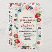 RED Strawberry 1. Geburtstag Party Einladung (Vorne/Hinten)