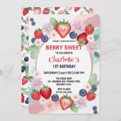 RED Strawberry 1. Geburtstag Party Einladung (Vorne/Hinten)