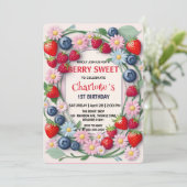 RED Strawberry 1. Geburtstag Party Einladung (Stehend Vorderseite)
