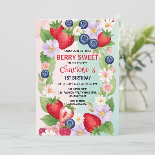 RED Strawberry 1. Geburtstag Party Einladung (Stehend Vorderseite)