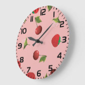 Red Strawberry and Cherry Pattern Pink Fruit Große Wanduhr (Winkel)