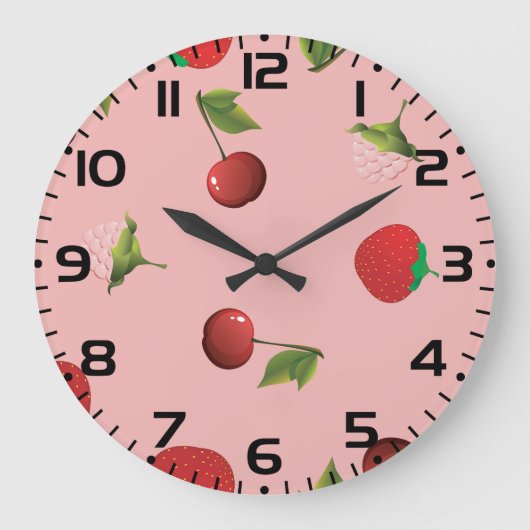 Red Strawberry and Cherry Pattern Pink Fruit Große Wanduhr (Vorderseite)