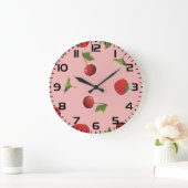Red Strawberry and Cherry Pattern Pink Fruit Große Wanduhr (Zuhause)