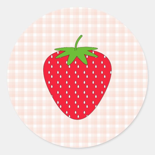 Red Strawberry auf Gingham Karo. Runder Aufkleber (Vorderseite)