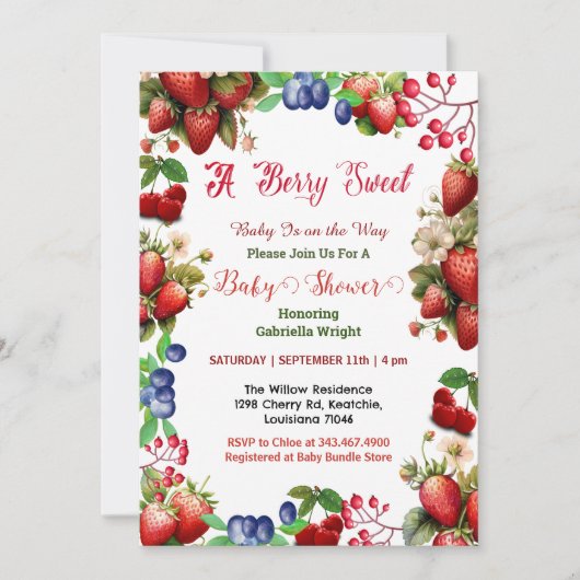 Red Strawberry Baby Dusche | Blue Berry Sweet Nied Einladung (Vorderseite)