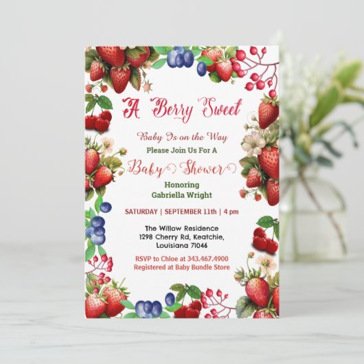 Red Strawberry Baby Dusche | Blue Berry Sweet Nied Einladung (Stehend Vorderseite)