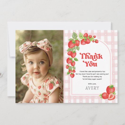 Red Strawberry Berry First Birthday Foto Dankeskarte (Vorderseite)