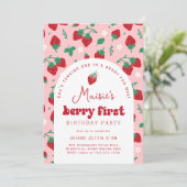 Red Strawberry Berry First Birthday Party Einladung (Stehend Vorderseite)