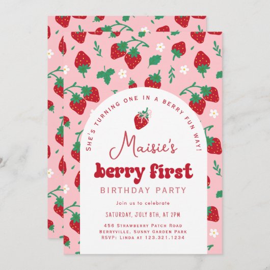 Red Strawberry Berry First Birthday Party Einladung (Vorne/Hinten)