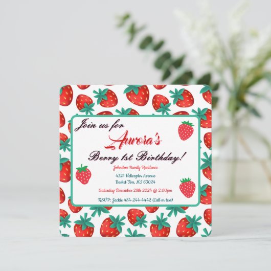 Red Strawberry Berry First Birthday Party Save The Date (Stehend Vorderseite)