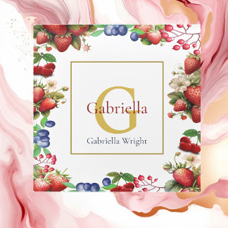 Red Strawberry Blue Berry Modern Gold Monogram Glasuntersetzer