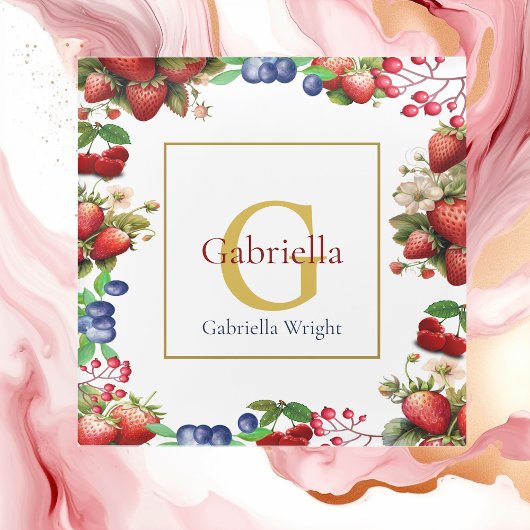 Red Strawberry Blue Berry Modern Gold Monogram Glasuntersetzer