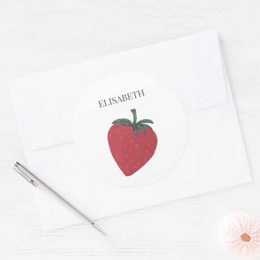 Red Strawberry Frucht Personalisierter Name Runder Aufkleber (Umschlag)