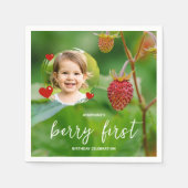 Red Strawberry & Kid's Photo Berry First Birthday Serviette (Vorderseite)