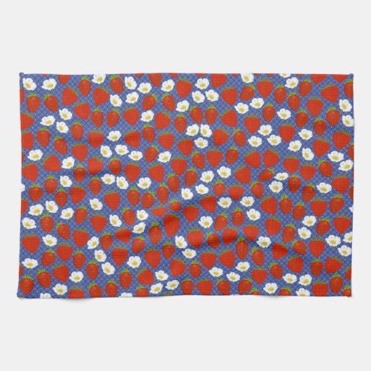 Red Strawberry mit Navy White Basketweave Backgrd Geschirrtuch (Horizontal)