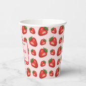 Red Strawberry Muster auf rosa Happy Birthday Pappbecher (Links)