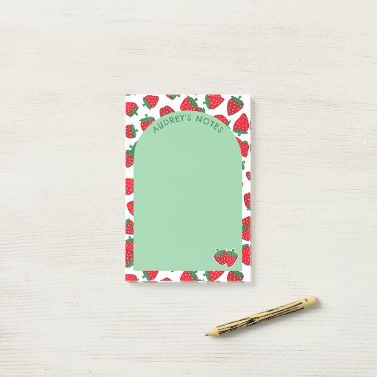 Red Strawberry Muster Green Arch Add Name Post-it Klebezettel (Auf Schreibtisch)