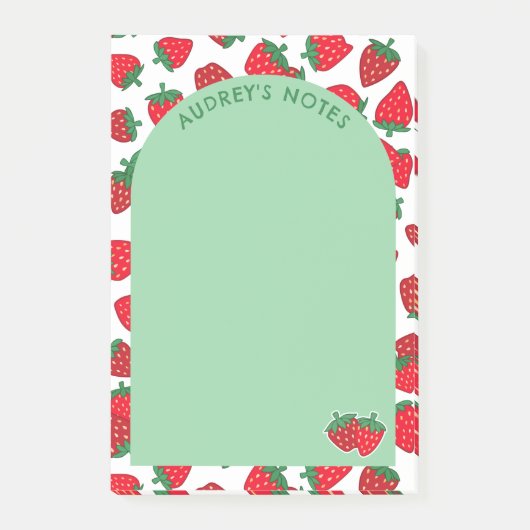 Red Strawberry Muster Green Arch Add Name Post-it Klebezettel (Vorderseite)