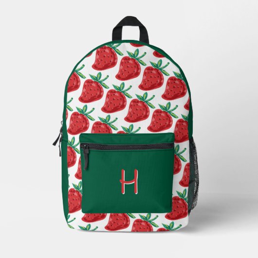 Red Strawberry Pattern Green Backpack Bedruckter Rucksack (Vorderseite)