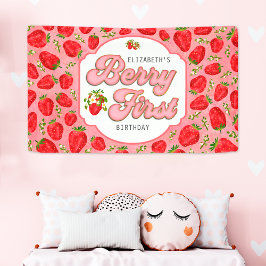 Red Strawberry Pattern Pink Berry Erster Geburtsta Banner