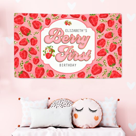 Red Strawberry Pattern Pink Berry Erster Geburtsta Banner