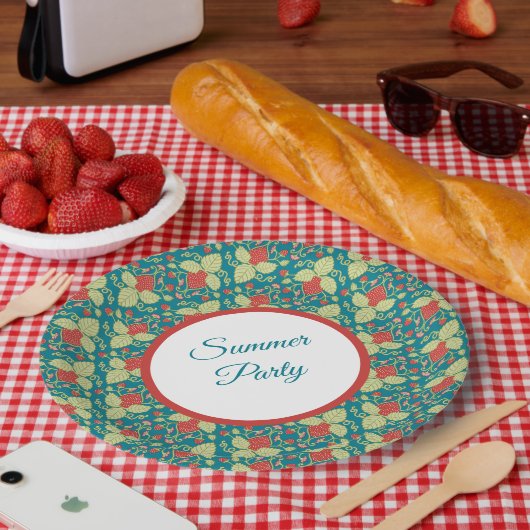 Red Strawberry & Pink Flower & Vines Pappteller (Picknick)