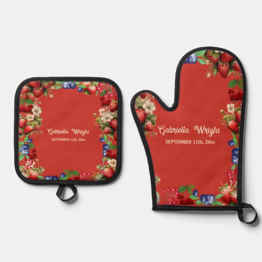 Red Strawberry Summer Frucht Sehr Berry Blue Sweet Ofenhandschuh & Topflappen-Set (Vorderseite)