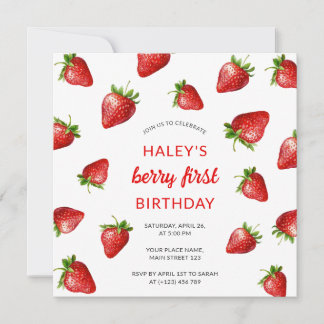 Red Strawberry Watercolor Berry 1. Baby Birthday Einladung
