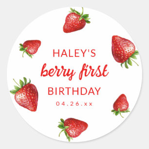 Red Strawberry Watercolor Berry 1. Baby Birthday Runder Aufkleber
