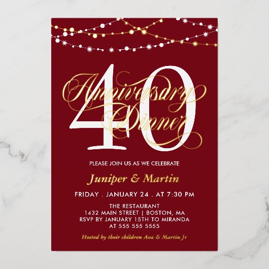 Red String-Lights 40. Wedding Anniversary Dinner Folieneinladung (Vorderseite)