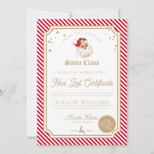 Red Strip Nice List Certificate Card Einladung (Vorderseite)