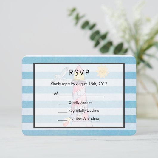 Red Strip Watercolor Lighthouse Wedding RSVP (Stehend Vorderseite)