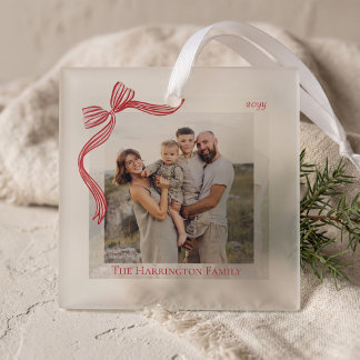 Red Stripe Bow Ribbon Photo Ornament  Keepsake Aus Glas