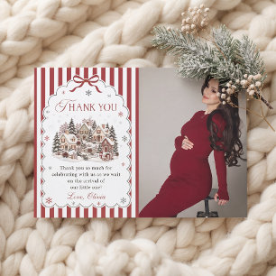 Red Stripe Winter Village Weihnachts-Baby-Party Dankeskarte