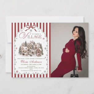 Red Stripe Winter Village Weihnachts-Baby-Party Einladung