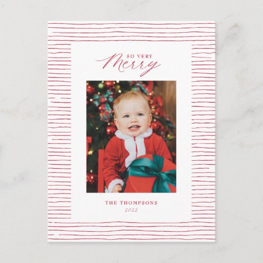 Red Striped so sehr frohe Foto Weihnachten Postkar Postkarte (Vorderseite)