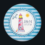 Red Striped Watercolor Lighthouse Wedding Magnet<br><div class="desc">A wedding magnet with a nautical theme. Designed on a blue striped pattern and a circular nautical frame layered over top. A red striped lighthouse and a beach ball, with a smiling sun and seagull flying off in the distance positioned inside the frame. Personalize with your initials and wedding date....</div>