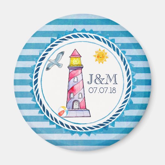 Red Striped Watercolor Lighthouse Wedding Magnet (Vorne)