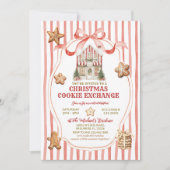 Red Stripes Bow Gingerbread House Cookies Exchange Einladung (Vorderseite)