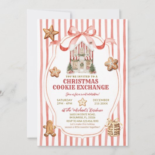 Red Stripes Bow Gingerbread House Cookies Exchange Einladung (Vorderseite)